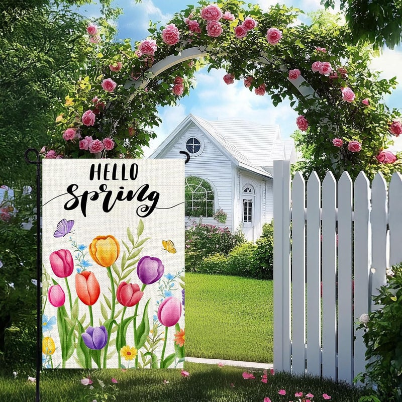 Agroon Hello Spring Garden Flag 12x18 Inch, Double Sided Colorful Tulips Flag, Seasonal Flower Yard Outdoor Decoration - Image 2